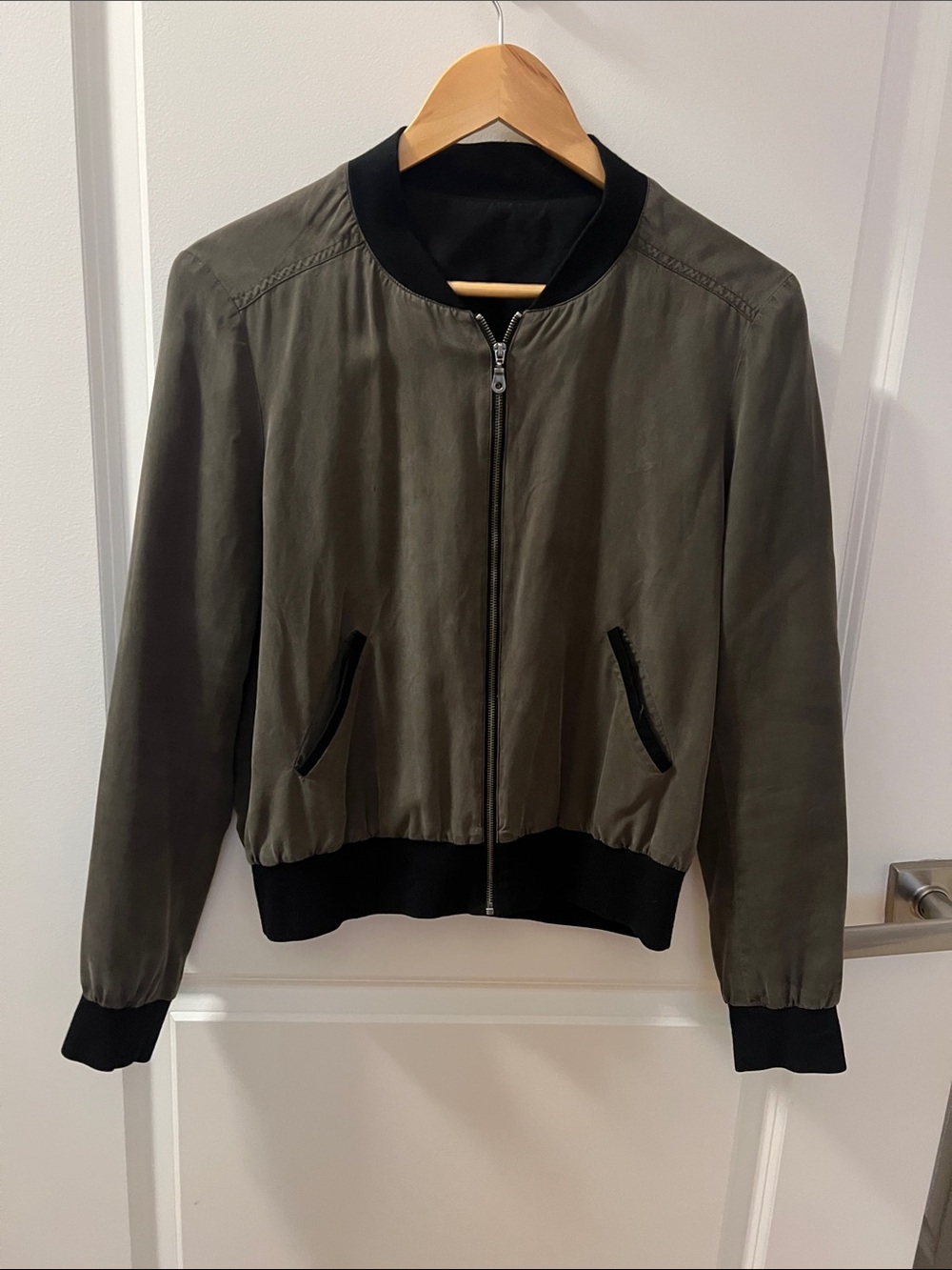 Vince Khaki Green Bomber Jacket with Black reversible lining